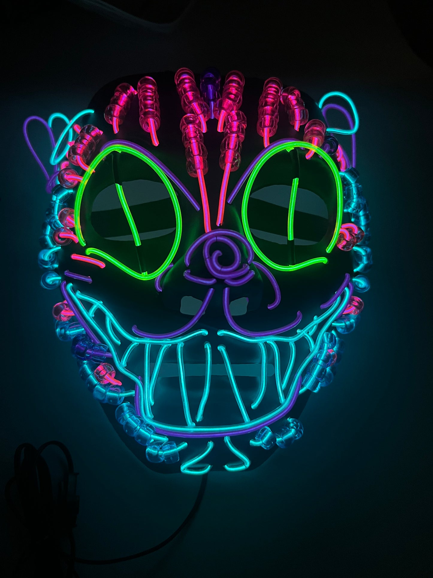 Hand made El wire beaded mask cheshire cat smiling mask